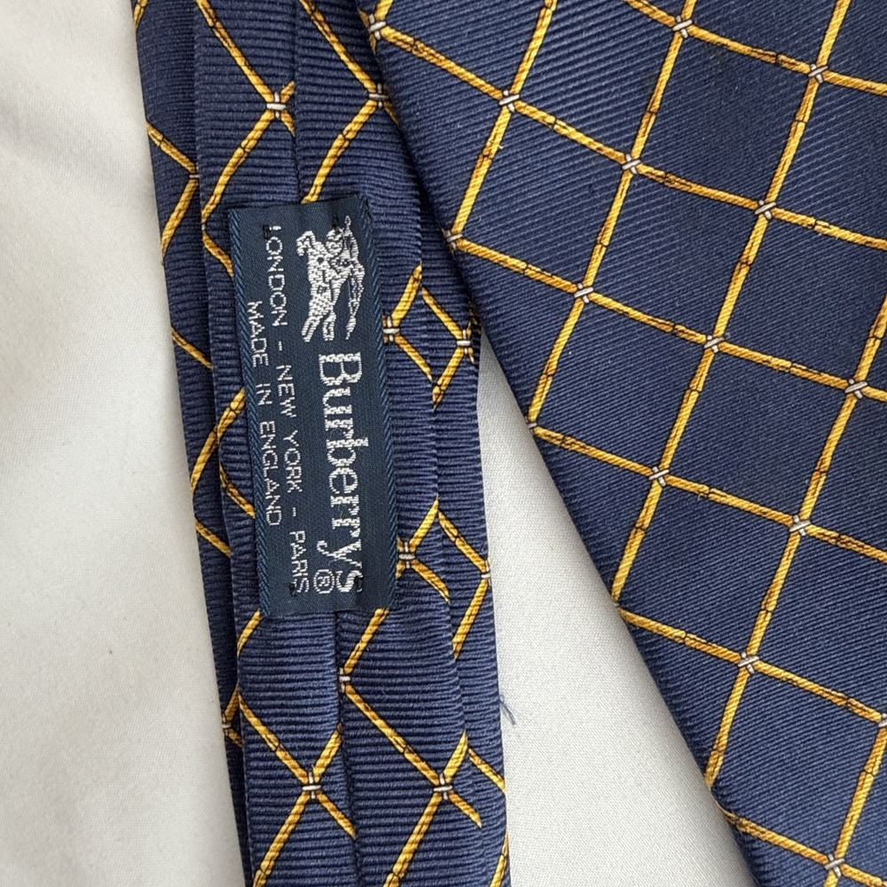 Burberry of London 100% Silk Mens Blue Gold Geometric Lattice Bamboo Plaid Tie - Picture 3 of 7